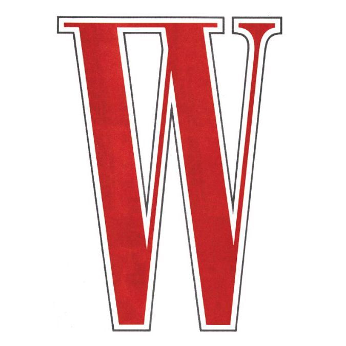 A red letter w with white outline on a white background