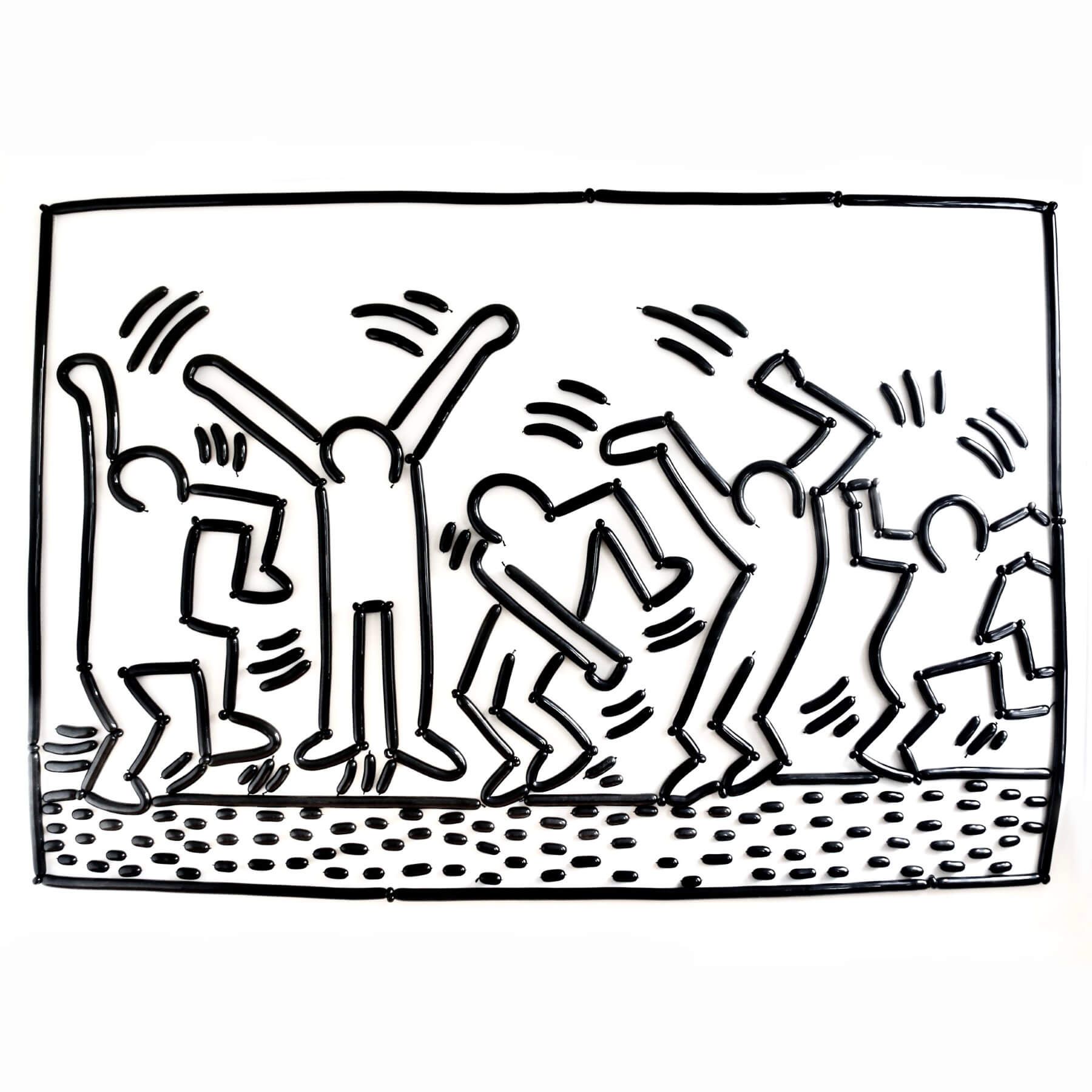 A black and white drawing of a group of people dancing.
