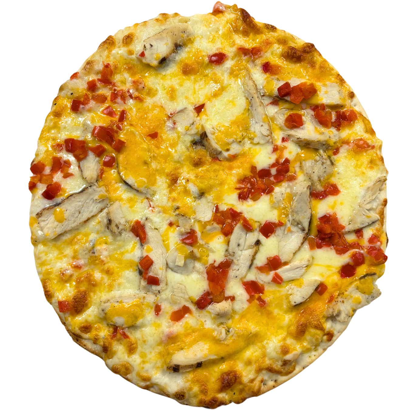 Chicken and red pepper pizza with melted cheese.
