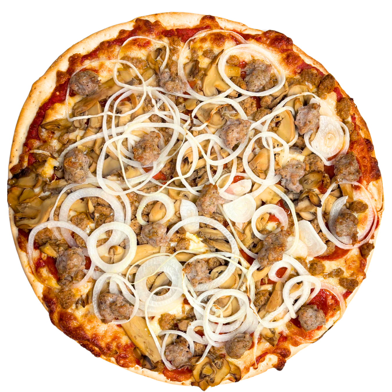 Pizza with tomato sauce, sausage, mushrooms, and onion rings.