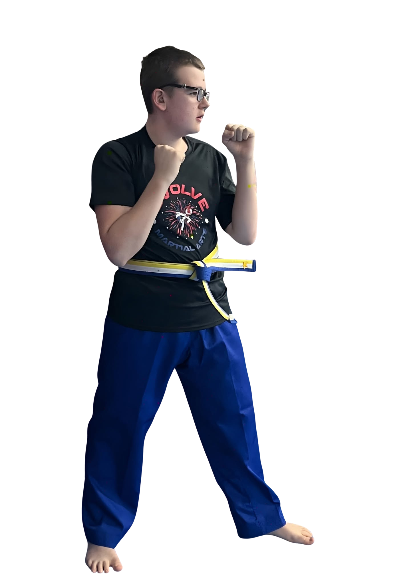 A boy and a girl are practicing karate with black belts