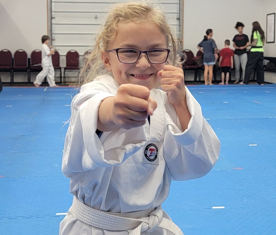An aerial view of a city skyline at sunset.