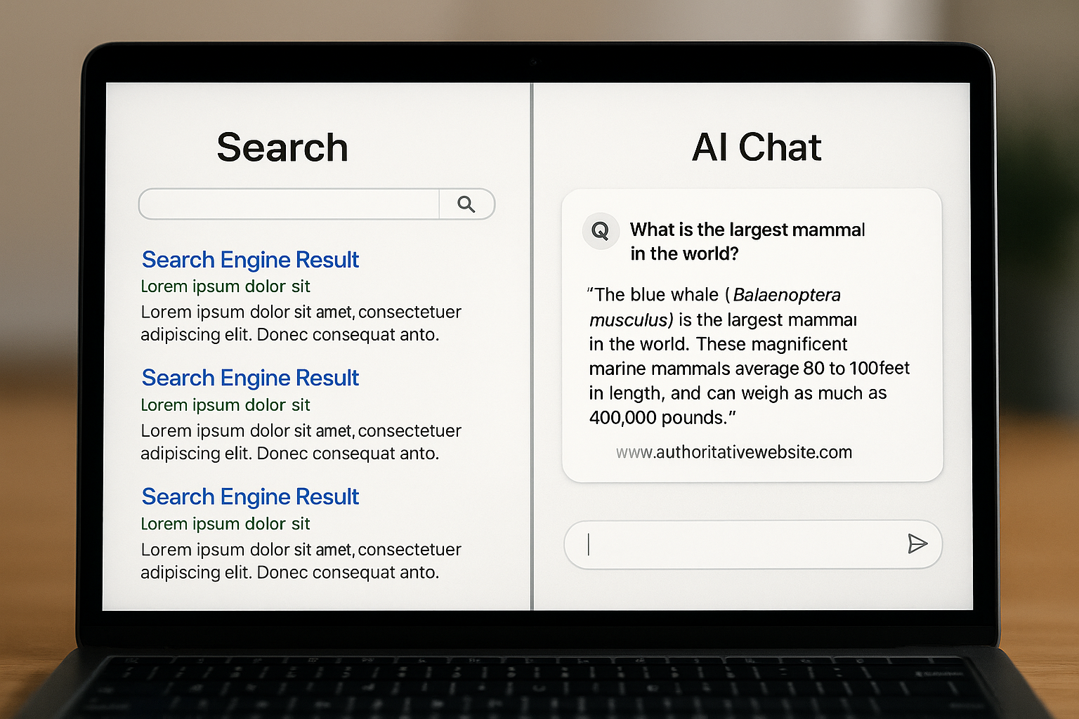 A laptop is open to a page that com pares search and al chat. SEO vs GEO: Preparing Your Business for Google’s AI Mode