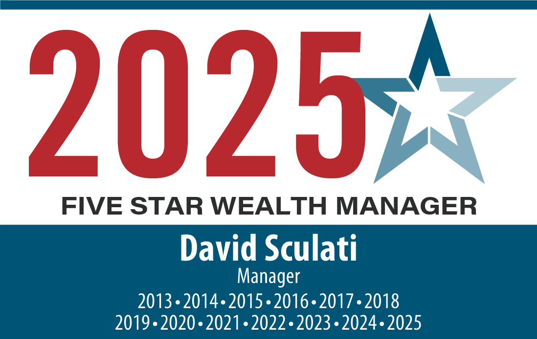 David Sculati, Five Star Wealth Manager 2025 badge; blue, red, and white. Shows awards from 2013-2025.