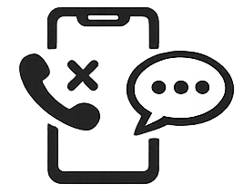 Phone with crossed-out call icon, next to a speech bubble with three dots.