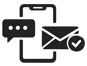 Smartphone displaying text message and email with a checkmark.