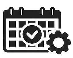 Calendar icon with a checkmark and gear.
