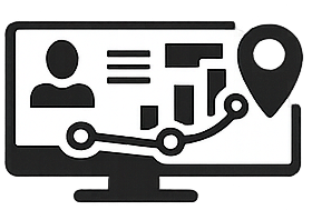 Monitor with user profile, data charts, location pin, and tracking line.