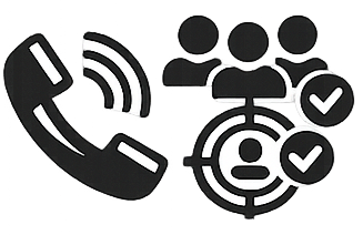 Telephone, people, target with person inside, and check marks, indicating communication and achieving a goal.