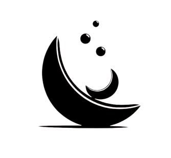 Zwart logo met een halve maan en drie kleine puntjes erboven op een witte achtergrond.