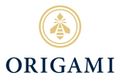 Logo ORIGAMI avec emblème doré et texte bleu marine sur fond blanc