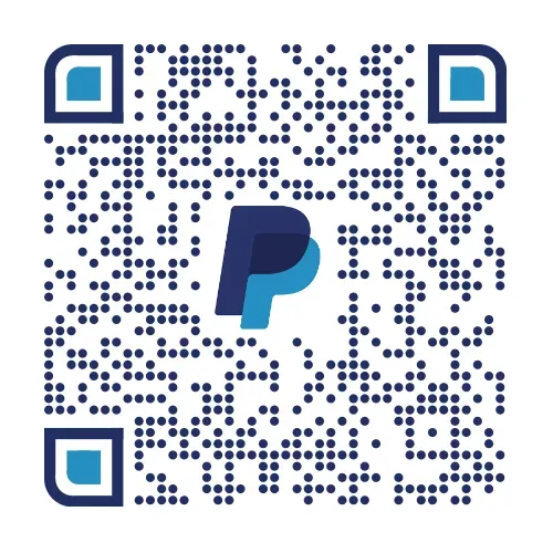 PayPal QR code in blue and white with the PayPal logo centered