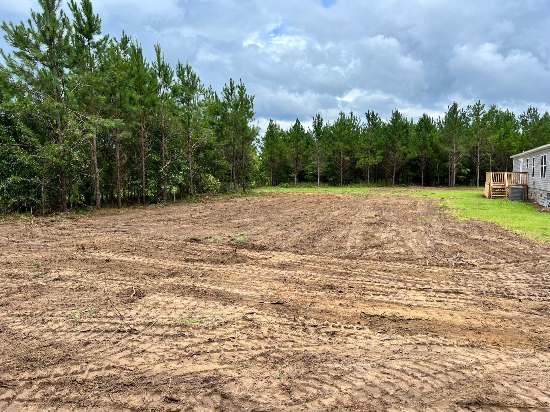 Cleared dirt lot bordered by pine trees, with a cloudy sky and a house on the right