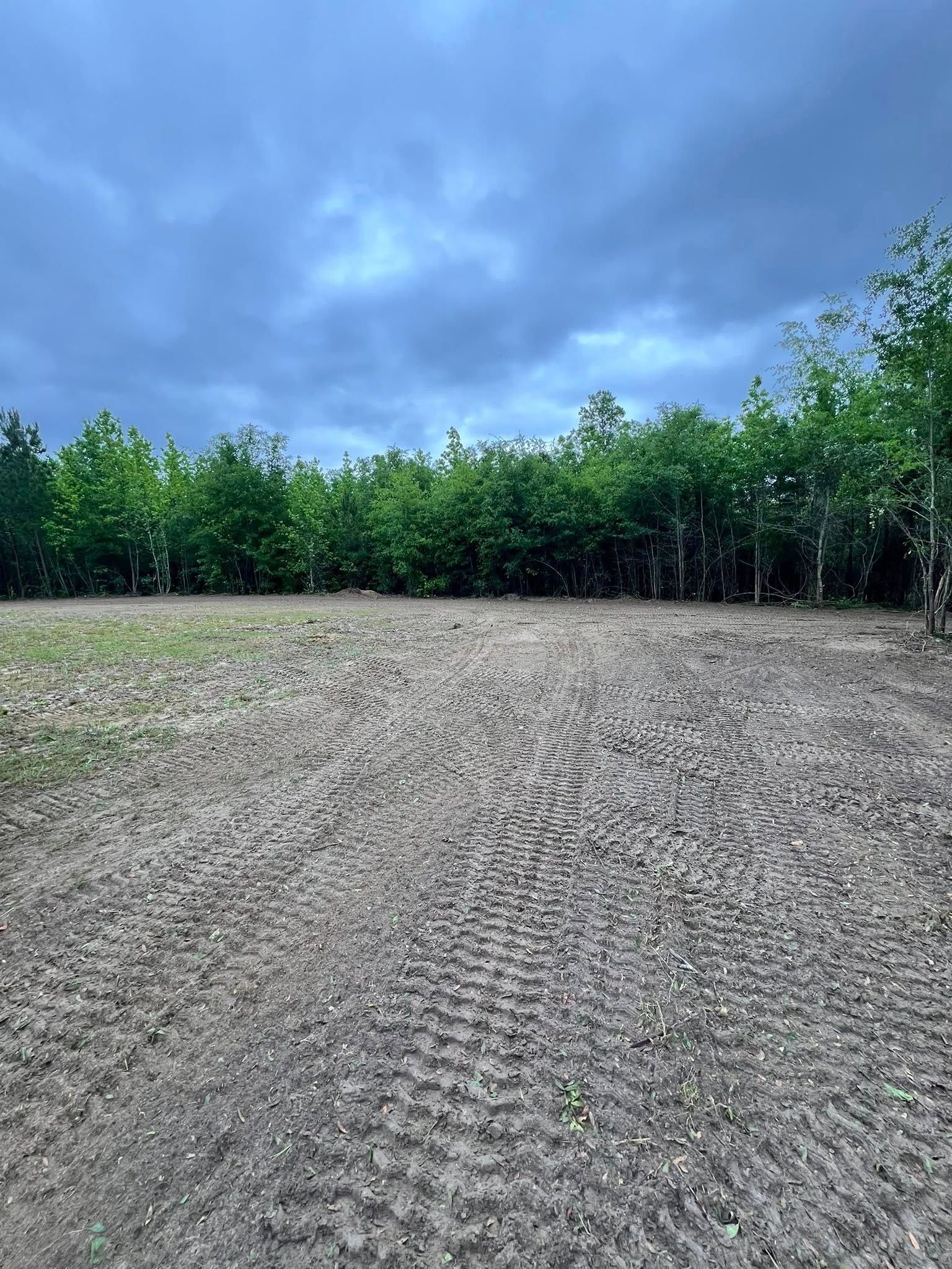 Recently plowed field bordered by green trees under a cloudy blue sky