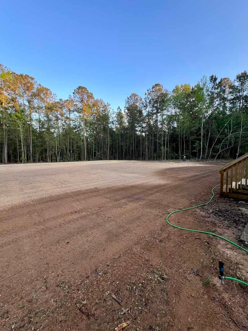 Freshly graded dirt lot beside a wooded tree line under a clear blue sky