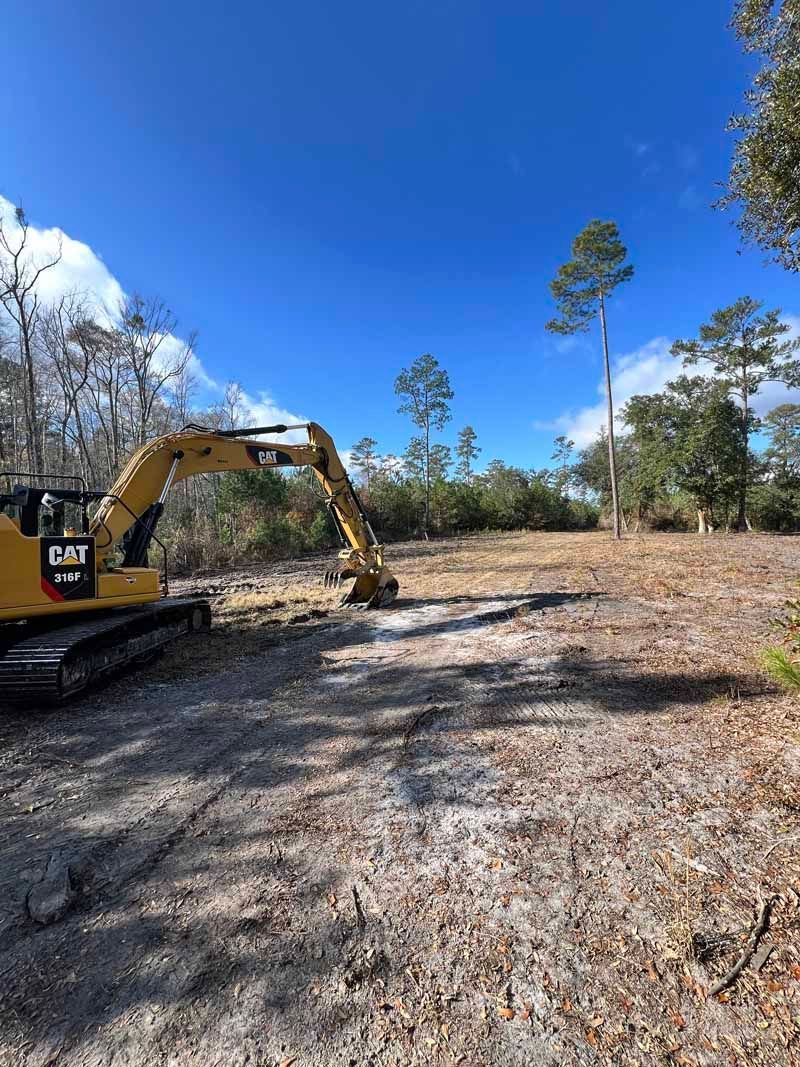 Yellow excavator clearing debris in a dry, wooded lot under a bright blue sky.