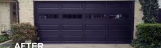 A Picture of A Garage Door Before and After Being Painted Violet