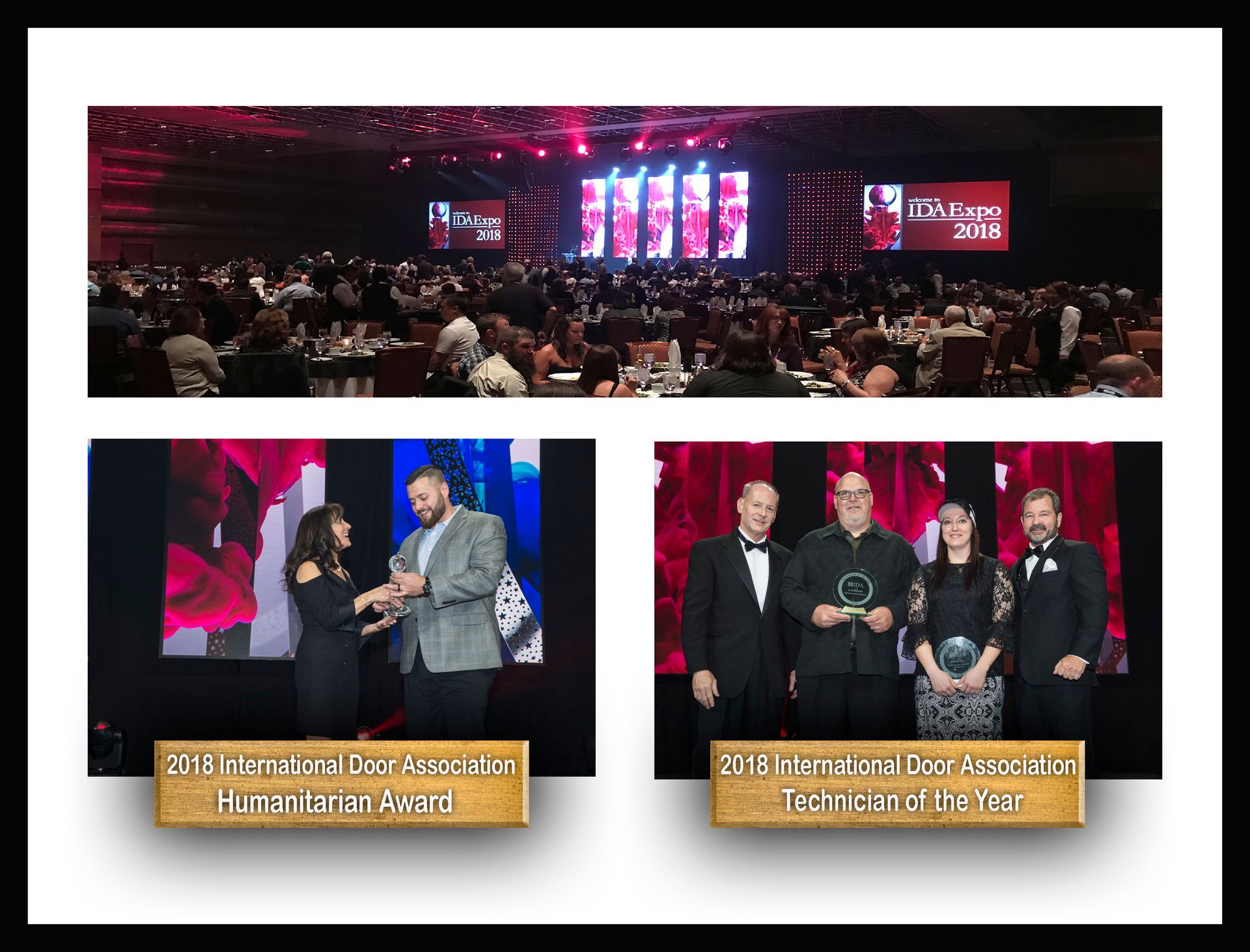 A collage of four pictures of people at a awards ceremony.