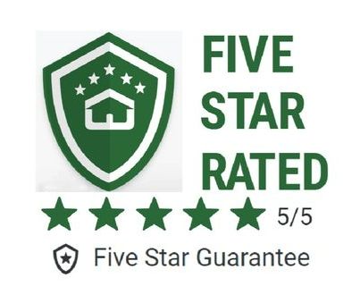 A green shield with a house on it and the words five star rated five star guarantee