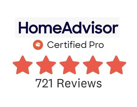 A home advisor certified pro logo with five stars and 721 reviews.
