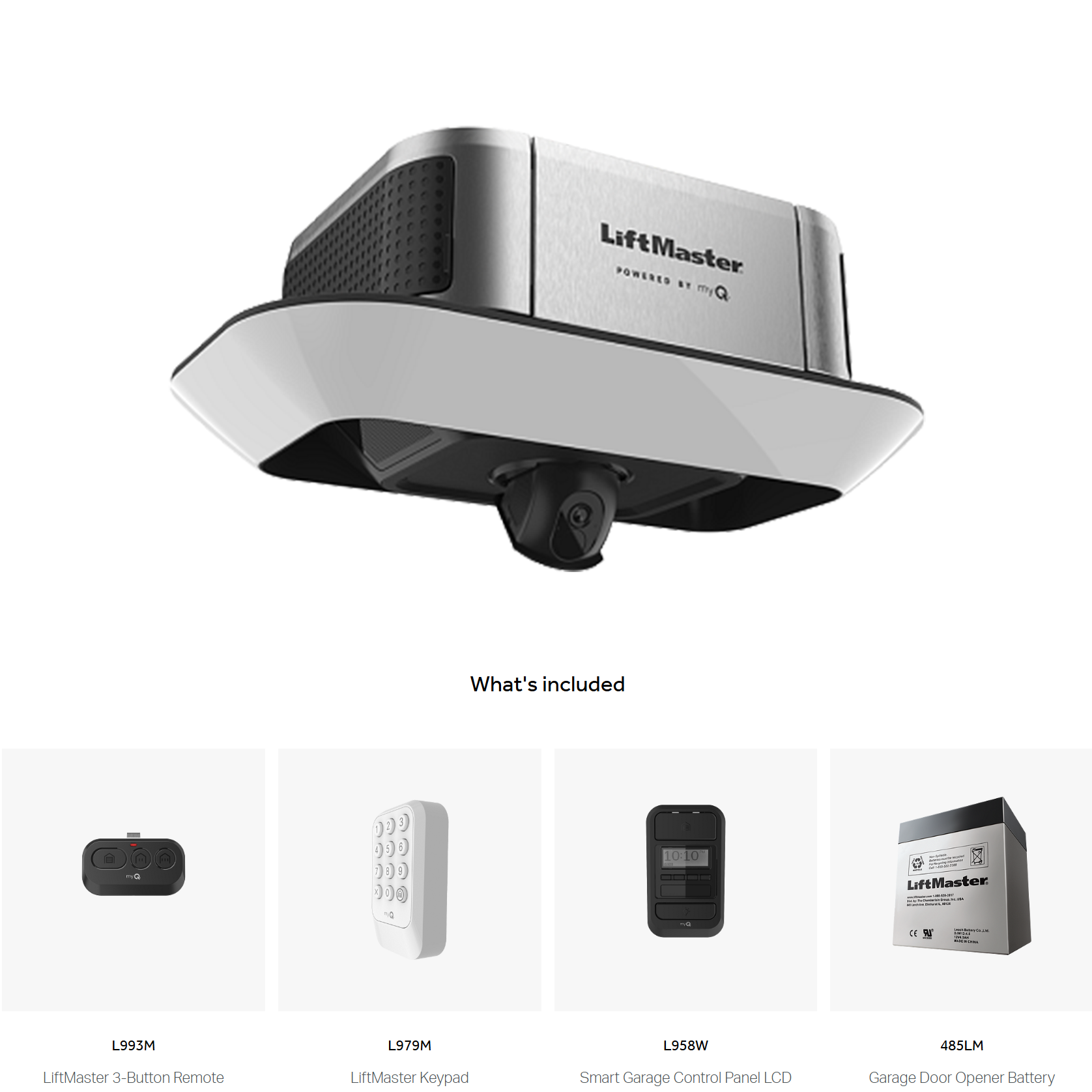 A liftmaster garage door opener with remotes and a phone.