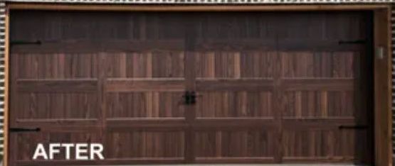 A Picture of A Garage Door Before and After Being Brown Tainted