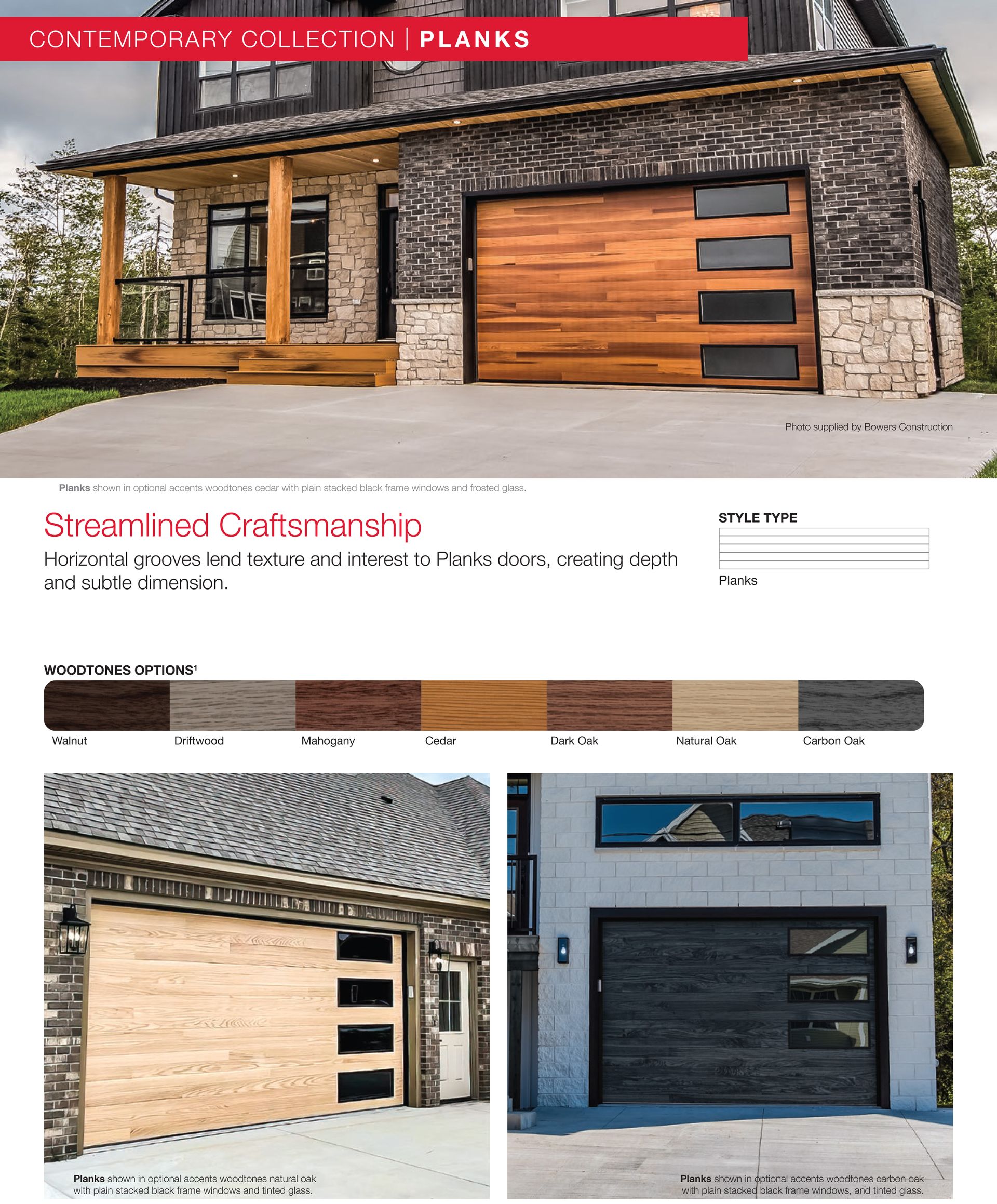 A picture of a house with a wooden garage door.