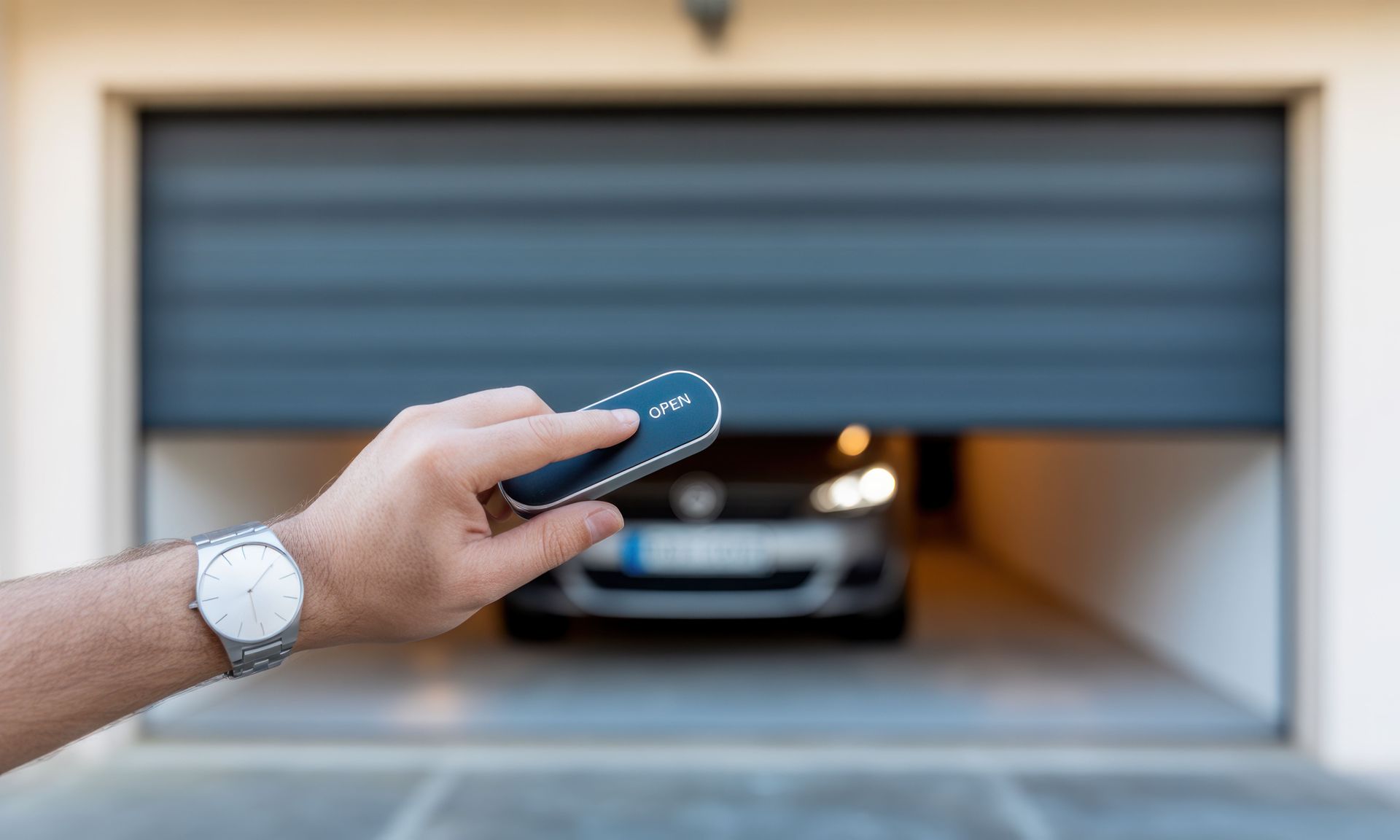 Hand using remote to open a garage door with a car inside. Hand using remote to open a garage door with a car inside.