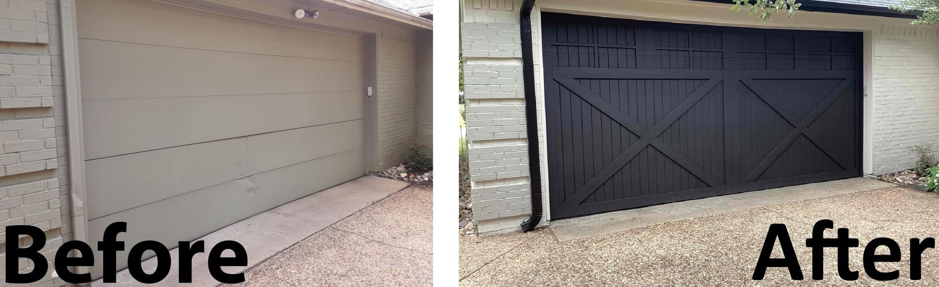 A before and after picture of a garage door.