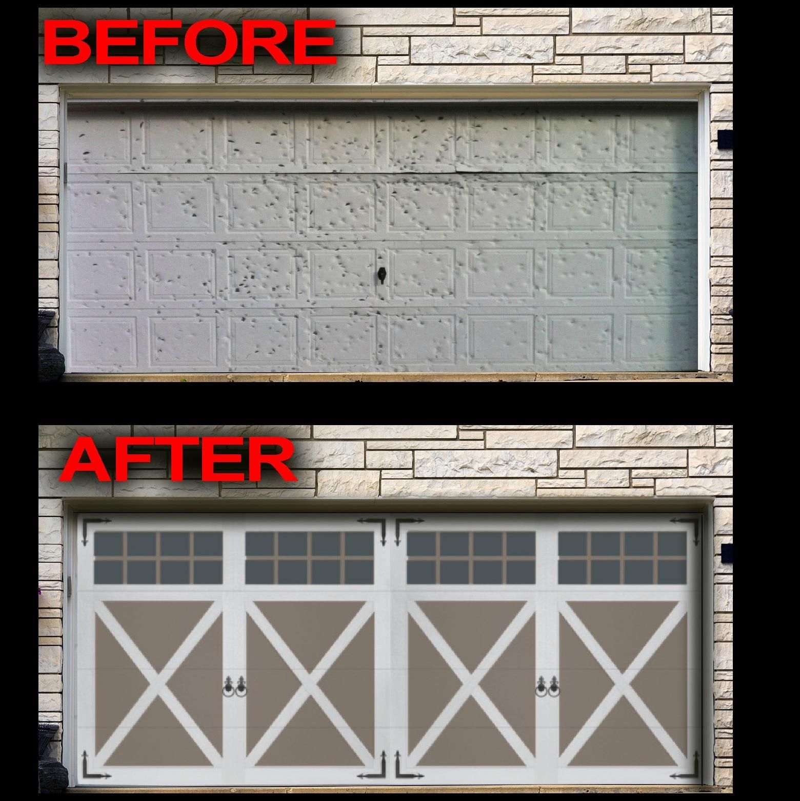 Before and After hail damage image of a garage door