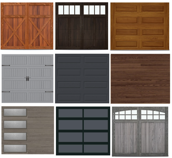 There are many different types of garage doors in different colors and styles.