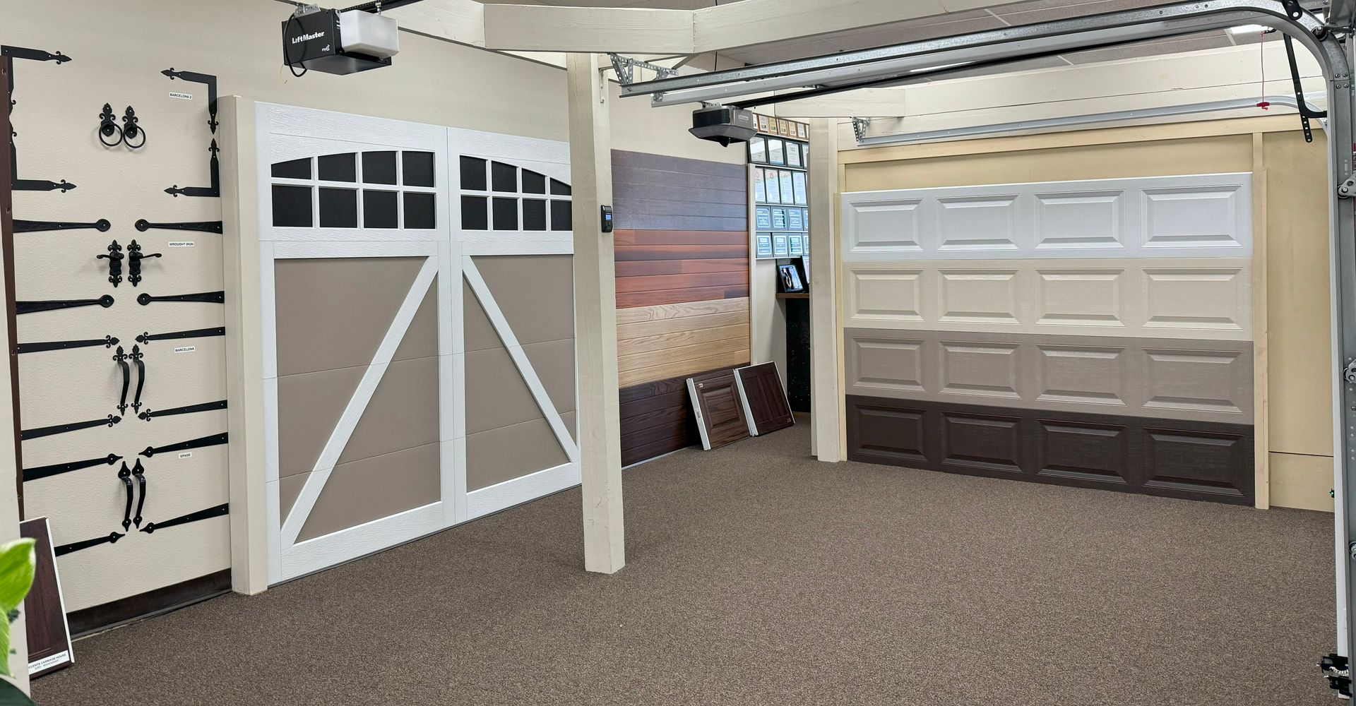 Garage door hardware options, exterior options, color samples and functional garage door openers.