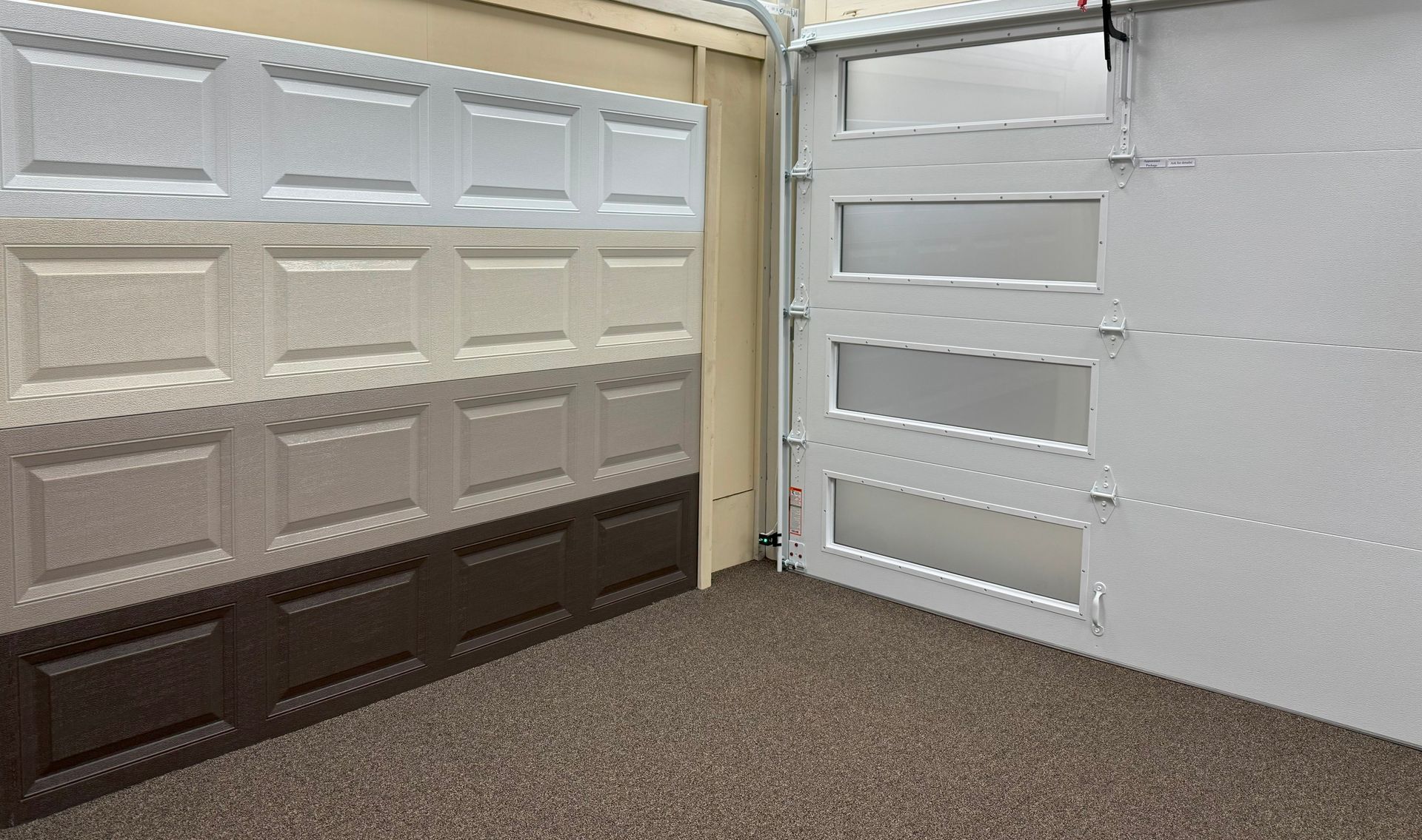 Garage door color samples and interior of white interior garage door.
