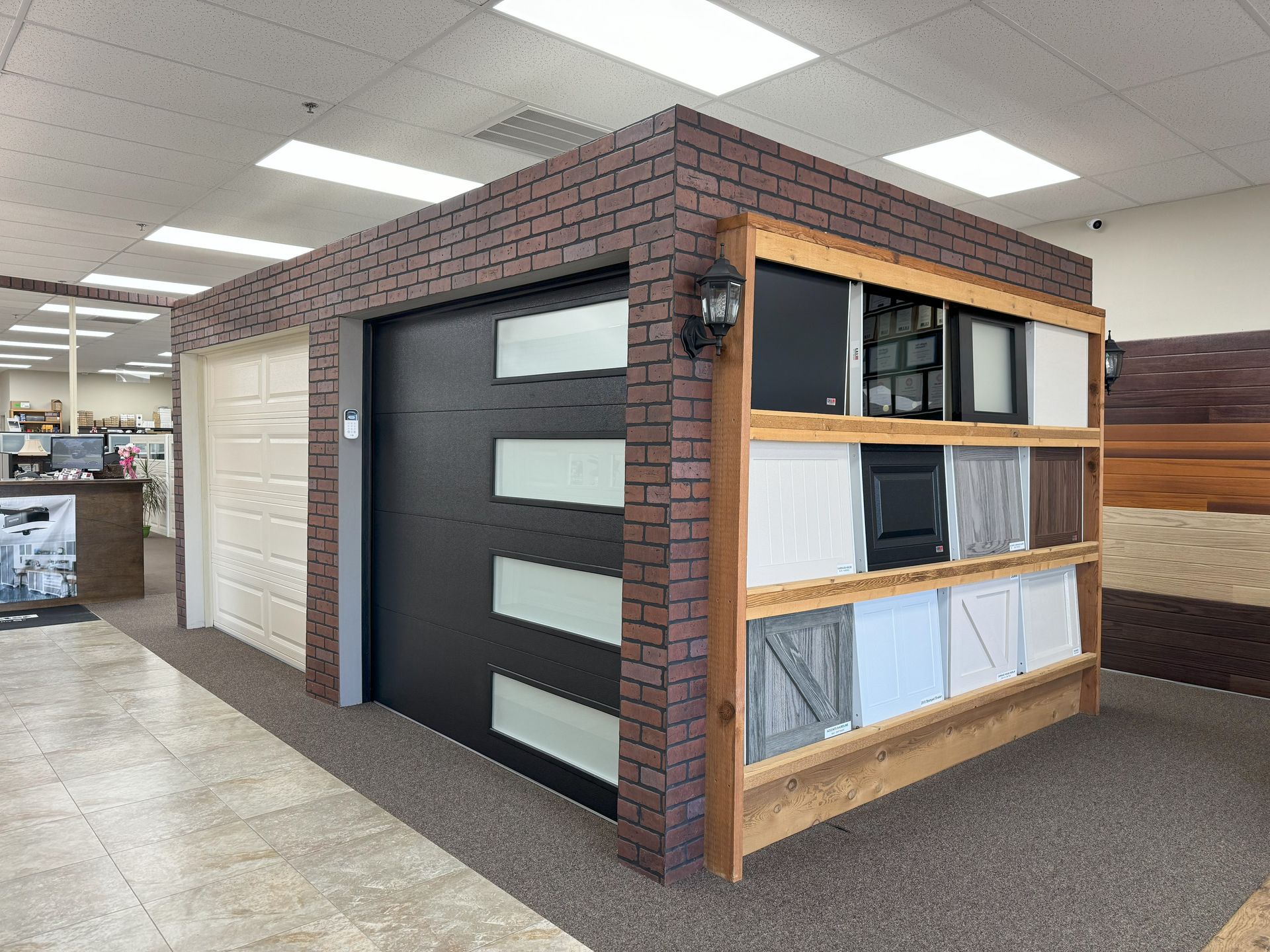 Garage door showroom samples and displays.