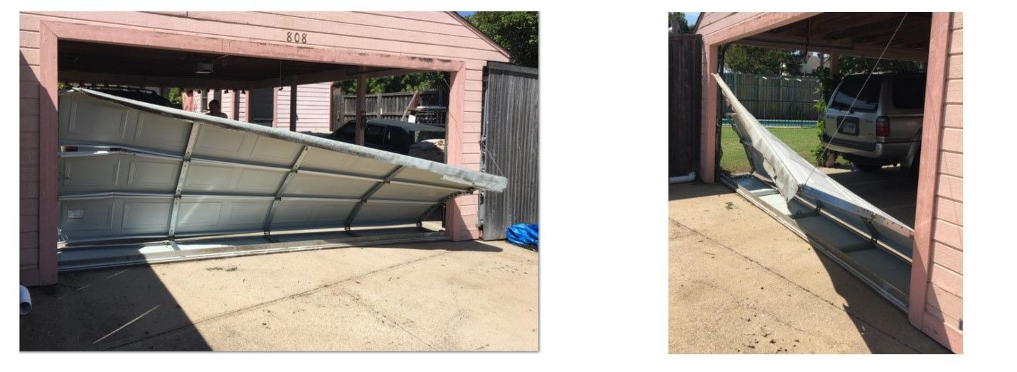 Two pictures of a garage door that has been damaged by a car.