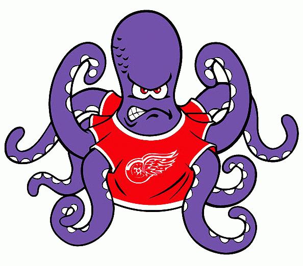 A purple octopus wearing a red shirt with wings on it