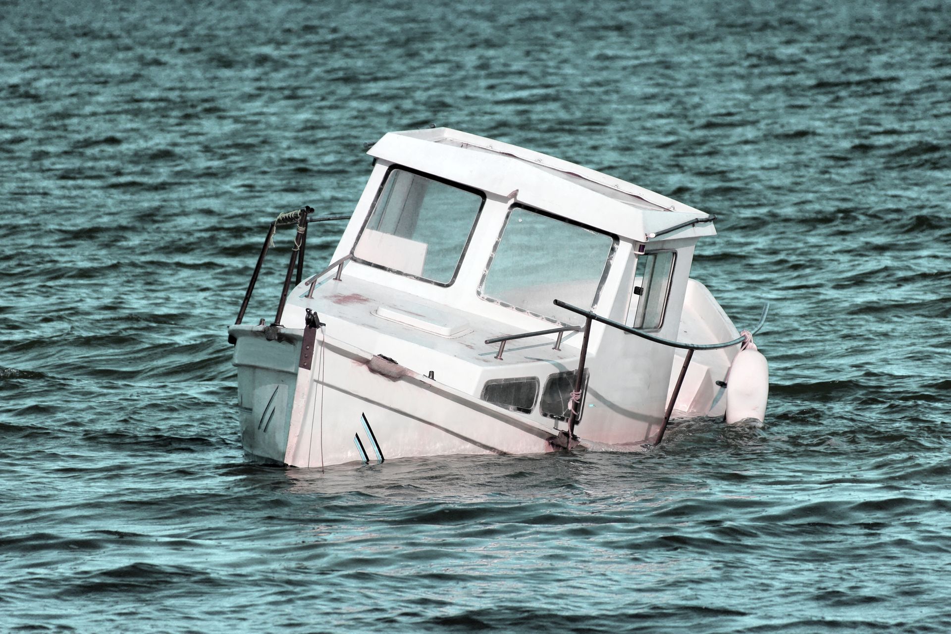 A white boat is partially submerged in choppy, teal-colored water.
