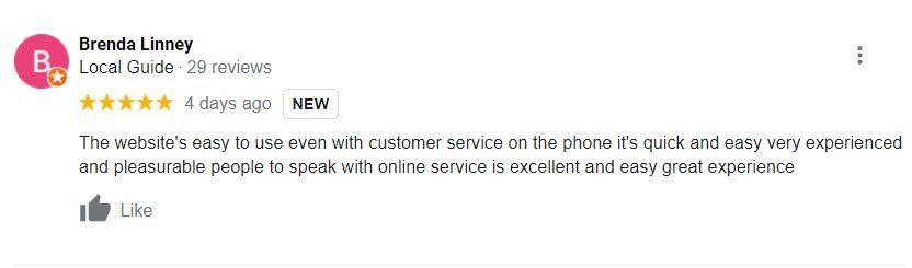 Review of service by Brenda Linney, a Local Guide. Five stars, praising the website, phone, and online service.