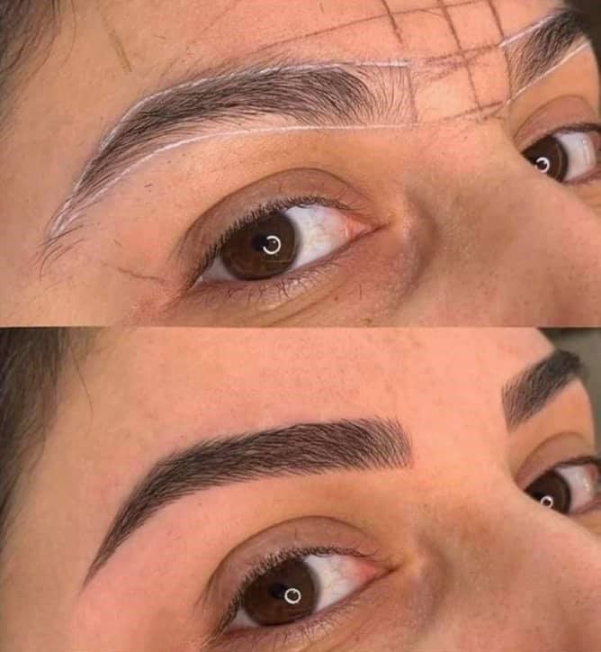 A before and after picture of a woman 's eyebrows.