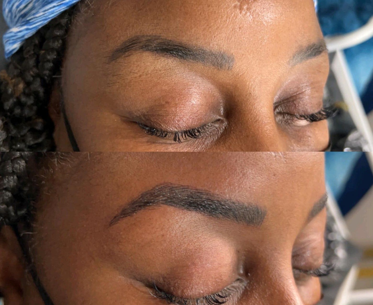 A before and after picture of a woman 's eyebrows.