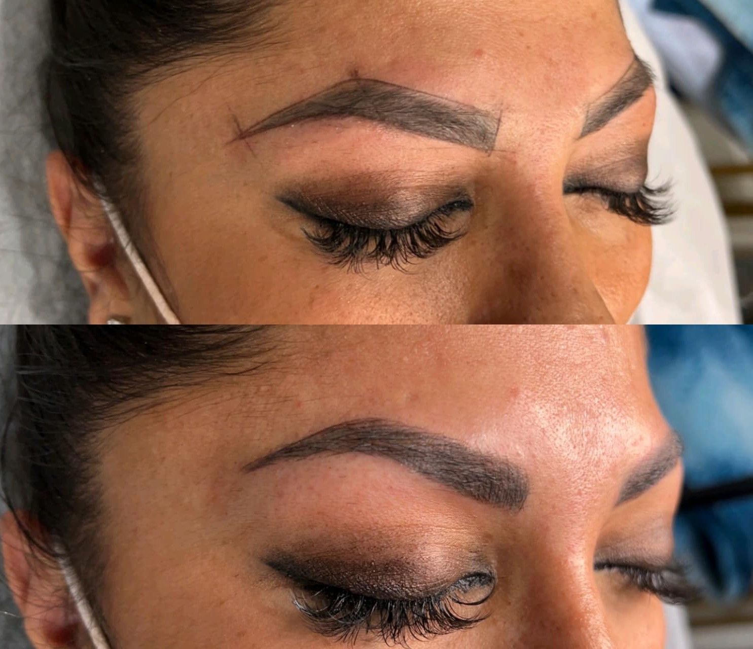 A before and after picture of a woman 's eyebrows.