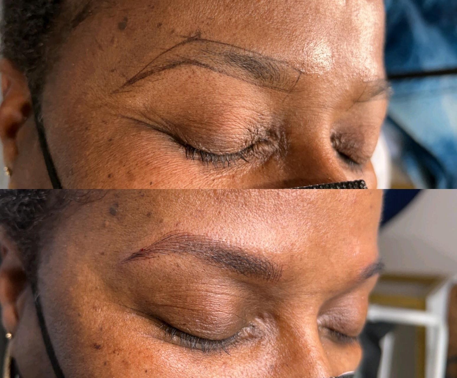 A before and after picture of a woman 's eyebrows.