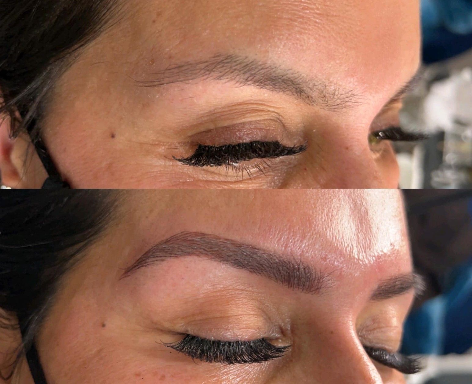 A before and after photo of a woman 's eyebrows.