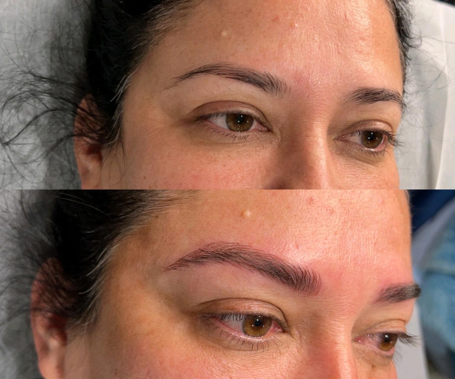 A before and after photo of a woman 's eyebrows.