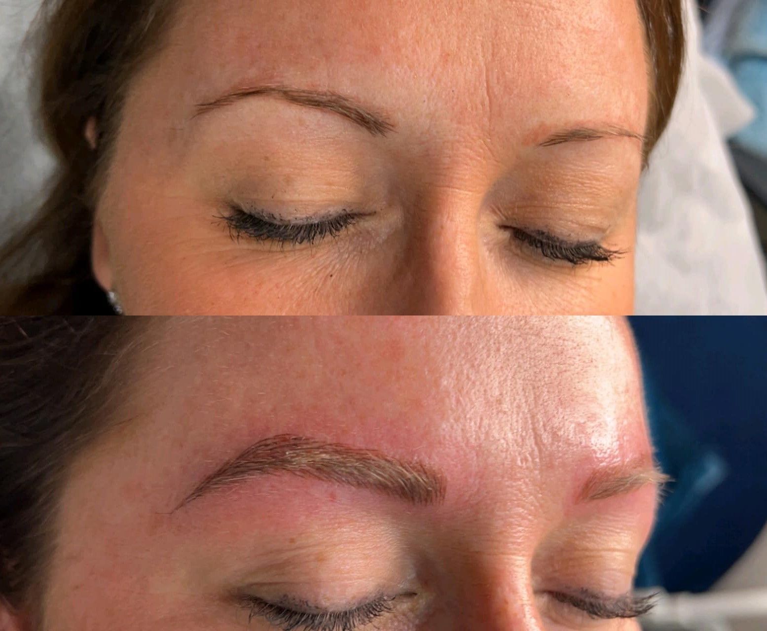 A before and after picture of a woman 's eyebrows.