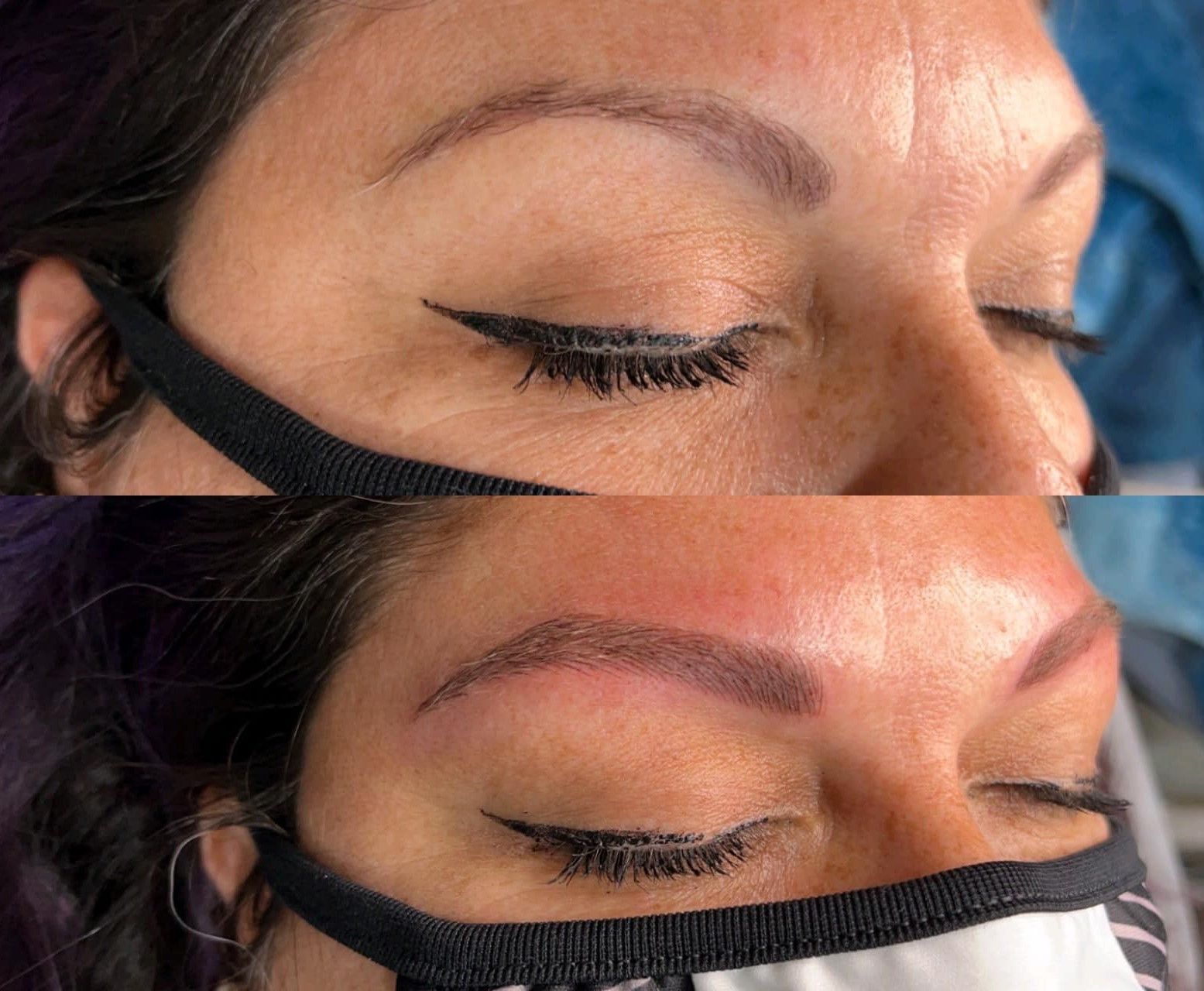 A before and after picture of a woman 's eyebrows.