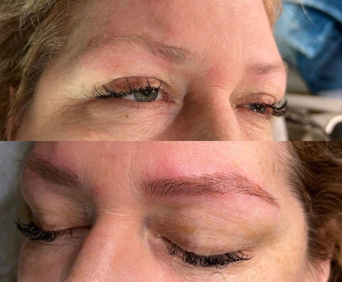A before and after photo of a woman 's eyebrows.