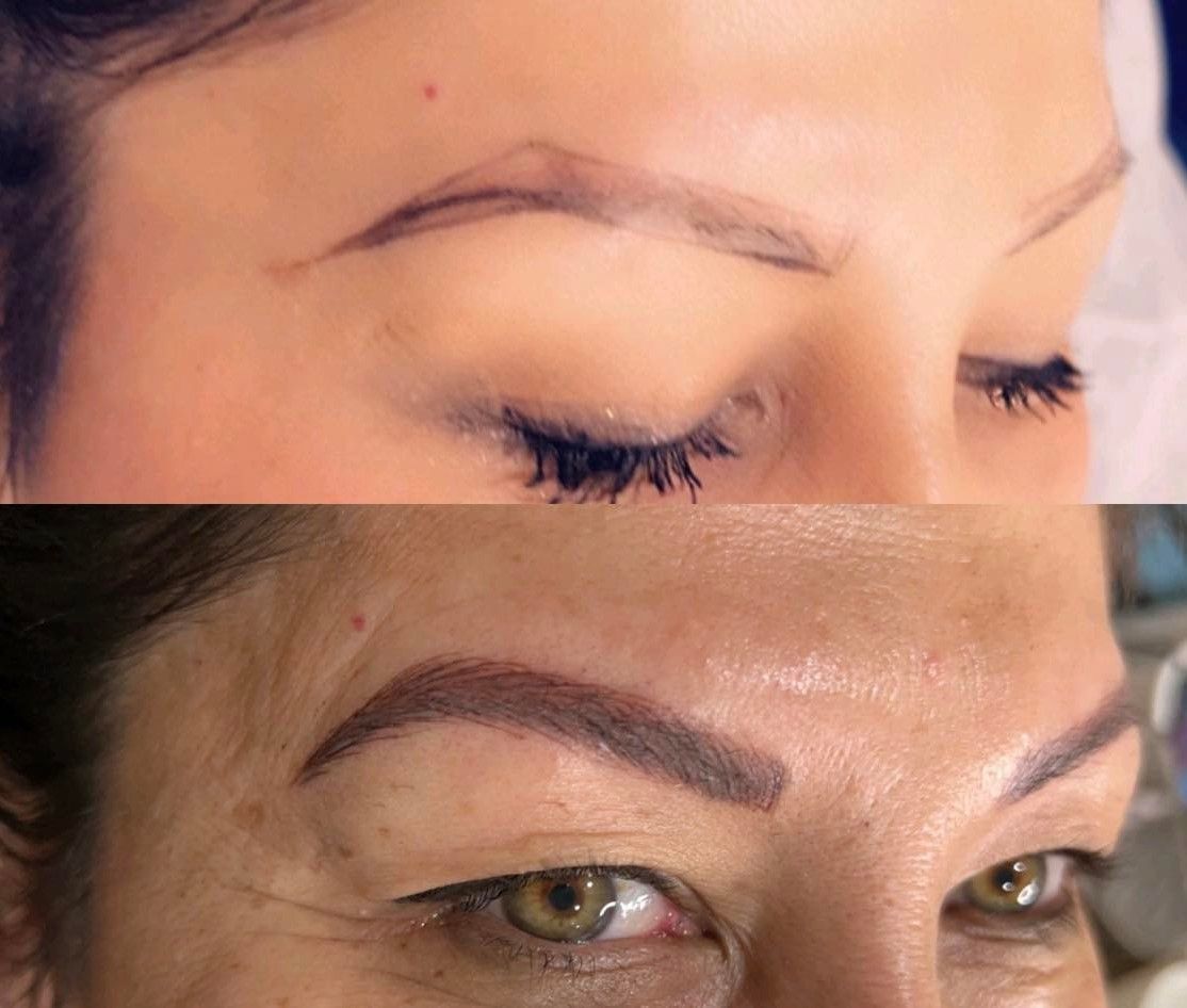 A before and after picture of a woman 's eyebrows.