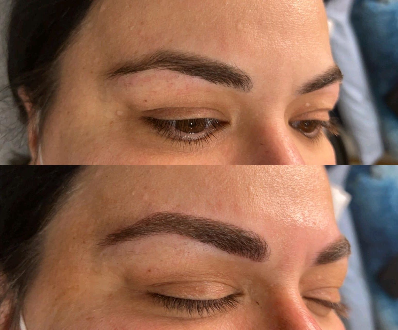 A before and after photo of a woman 's eyebrows.