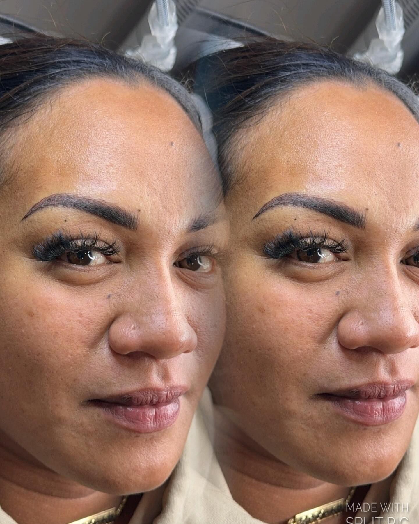 A close up of a woman 's face with her eyes closed